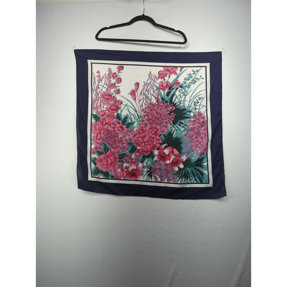 Overseas‎ Advantage Inc Navy Blue Pink Floral Square Scarf Lot of 2 25.5in - Picture 2 of 5